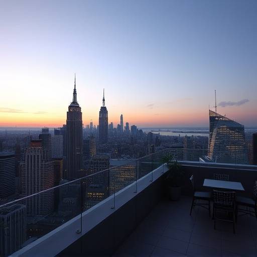 Rooftop terrace overlooking the Manhattan skyline in Midtown.